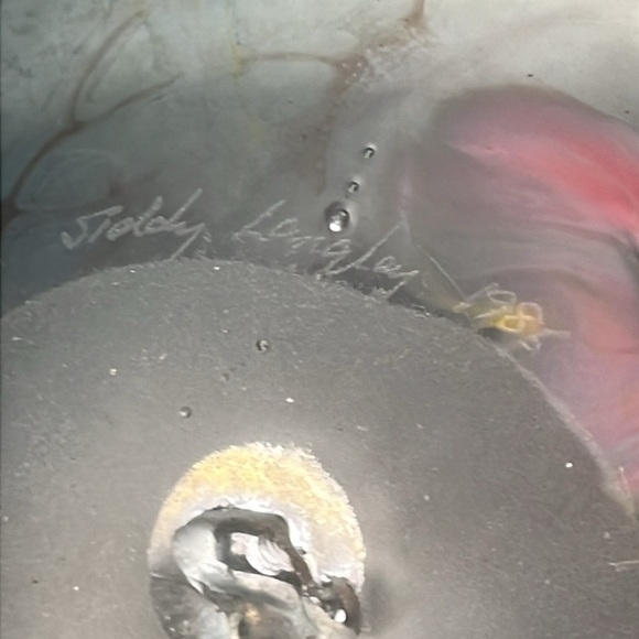 Siddy Langley Iridescent Hanging Hearts 1985 Aqua Blue & Pink Oval Glass Vase - Picture 7 of 8